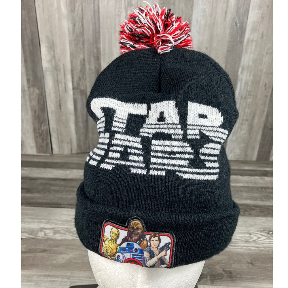 Star Wars Black Knit Beanie Pom Hat Character Patch Han Solo Chewbacca OSFM